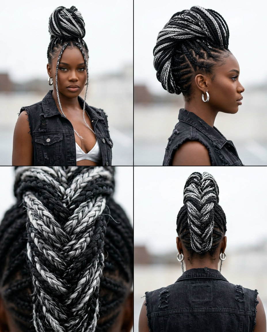 long jet black and silver mohawk braid with feed-in technique and bold streaks for festival
