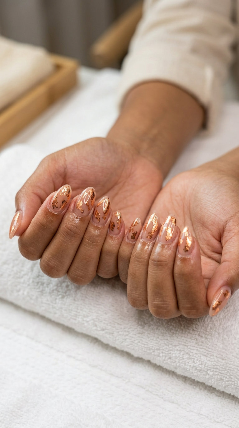 Earthy copper foil accents manicure: bohemian, artisanal june manicure ideas - summer trends 2026.