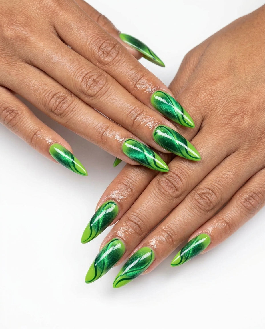 Emerald cat-eye swirls manicure: edgy, bold june manicure ideas - summer trends 2026.