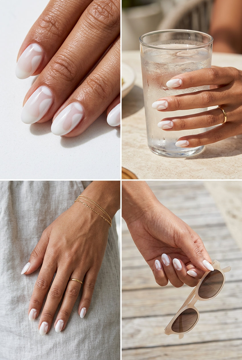 Milky white negative space swirls manicure: modern, minimalist, chic june manicure ideas - summer trends 2026.