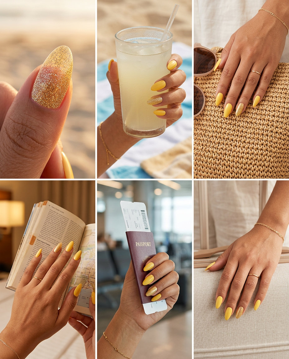 Butter yellow nails with a gold glitter accent nail. June manicure ideas - summer trends 2026.