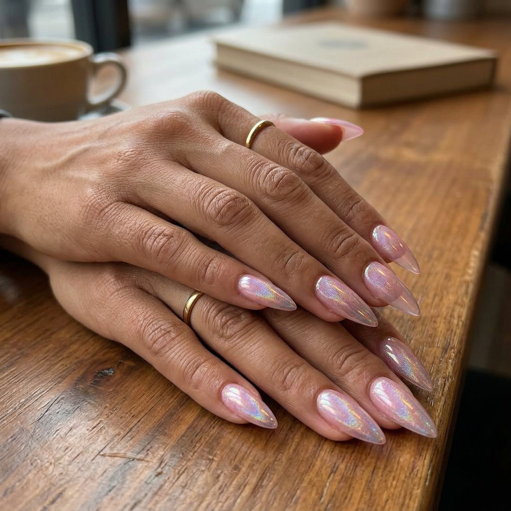 Iridescent pink jelly stiletto nails, glamorous and playful for festivals. June manicure ideas - summer trends 2026.