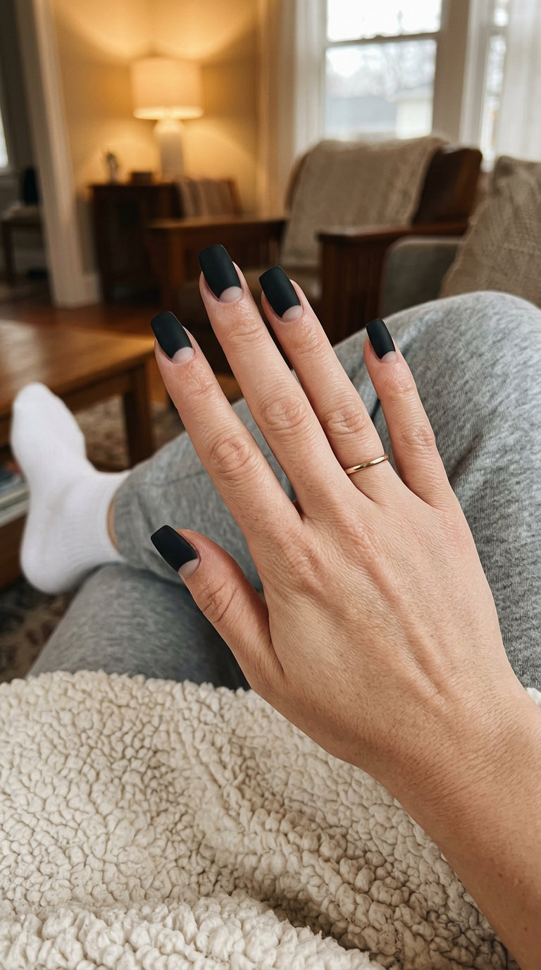 Matte black reverse French manicure, edgy and sophisticated for date night. June manicure ideas - summer trends 2026.