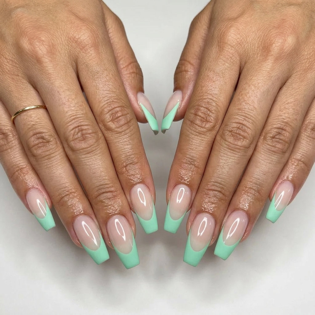 Matte mint green French coffin nails with sheer nude base. June manicure ideas - summer trends 2026.
