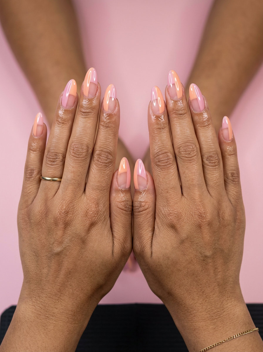 Peach & pink color block almond nails, edgy and modern for parties. June manicure ideas - summer trends 2026.