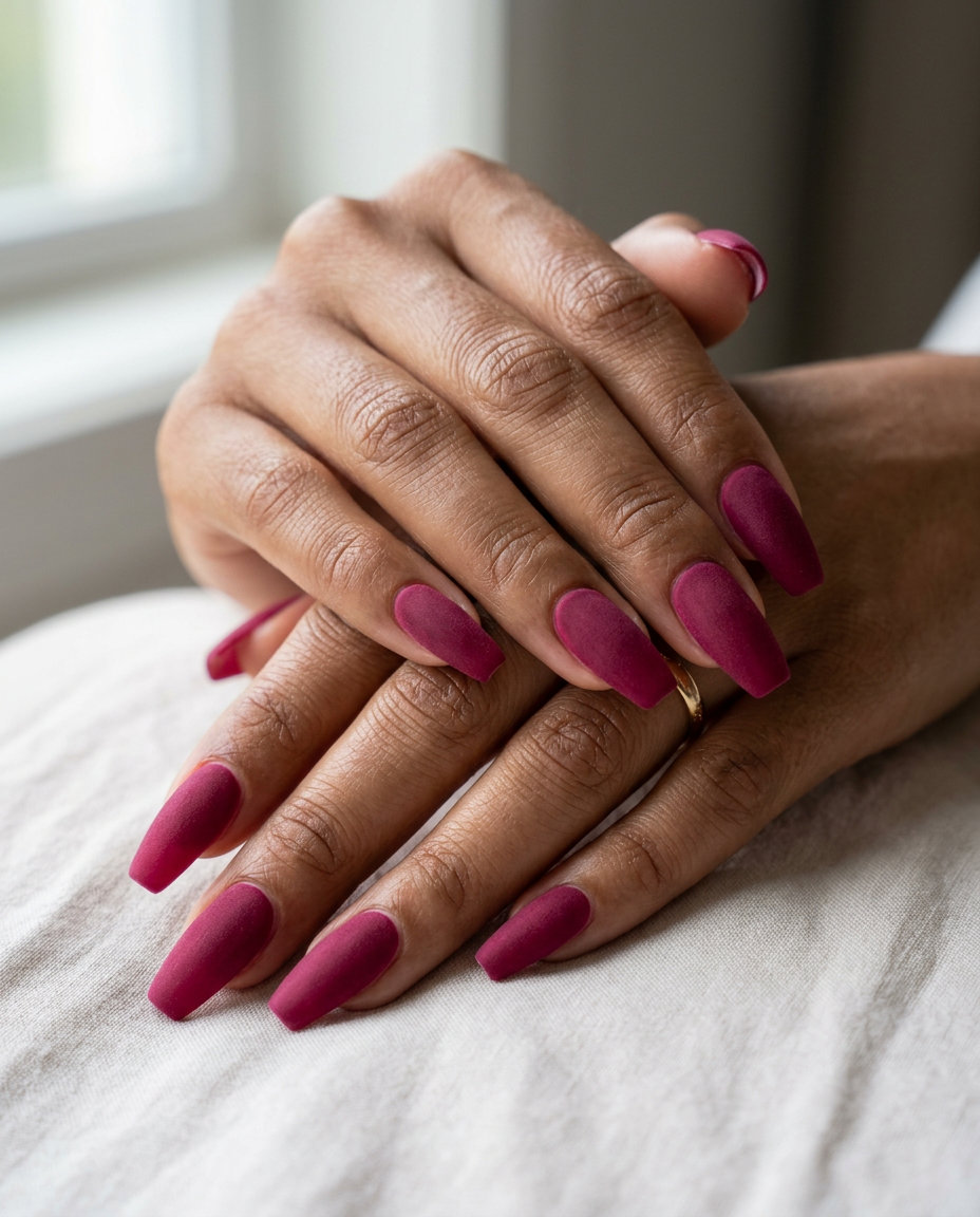 Raspberry berry velvet coffin nails, sultry and luxurious for parties. June manicure ideas - summer trends 2026.