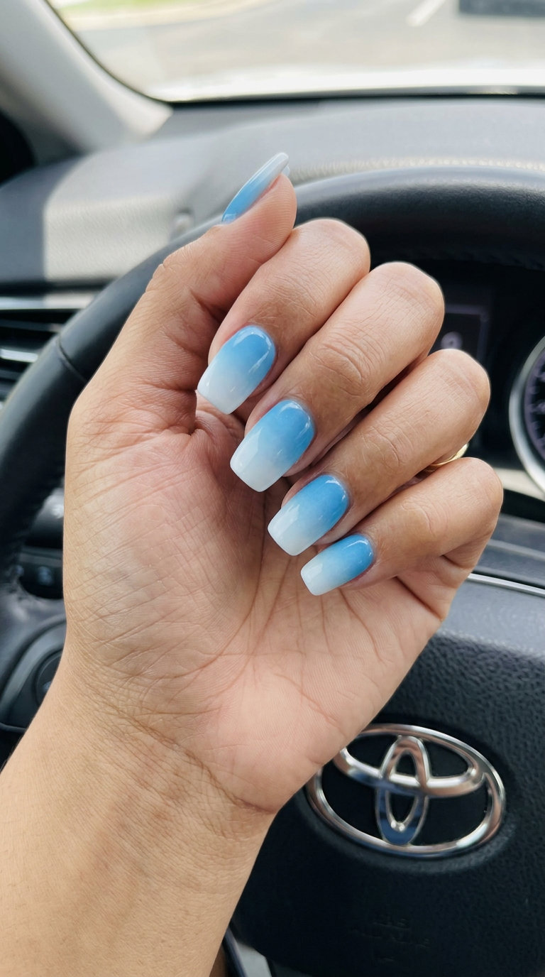 Summer sky aura square nails, calm and serene for vacations. June manicure ideas - summer trends 2026.