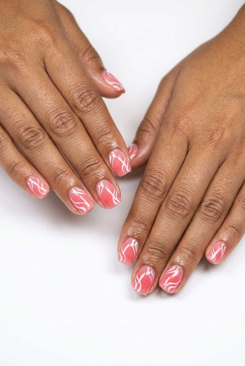 Watermelon pink swirls squoval nails, fun and whimsical for casual days. June manicure ideas - summer trends 2026.