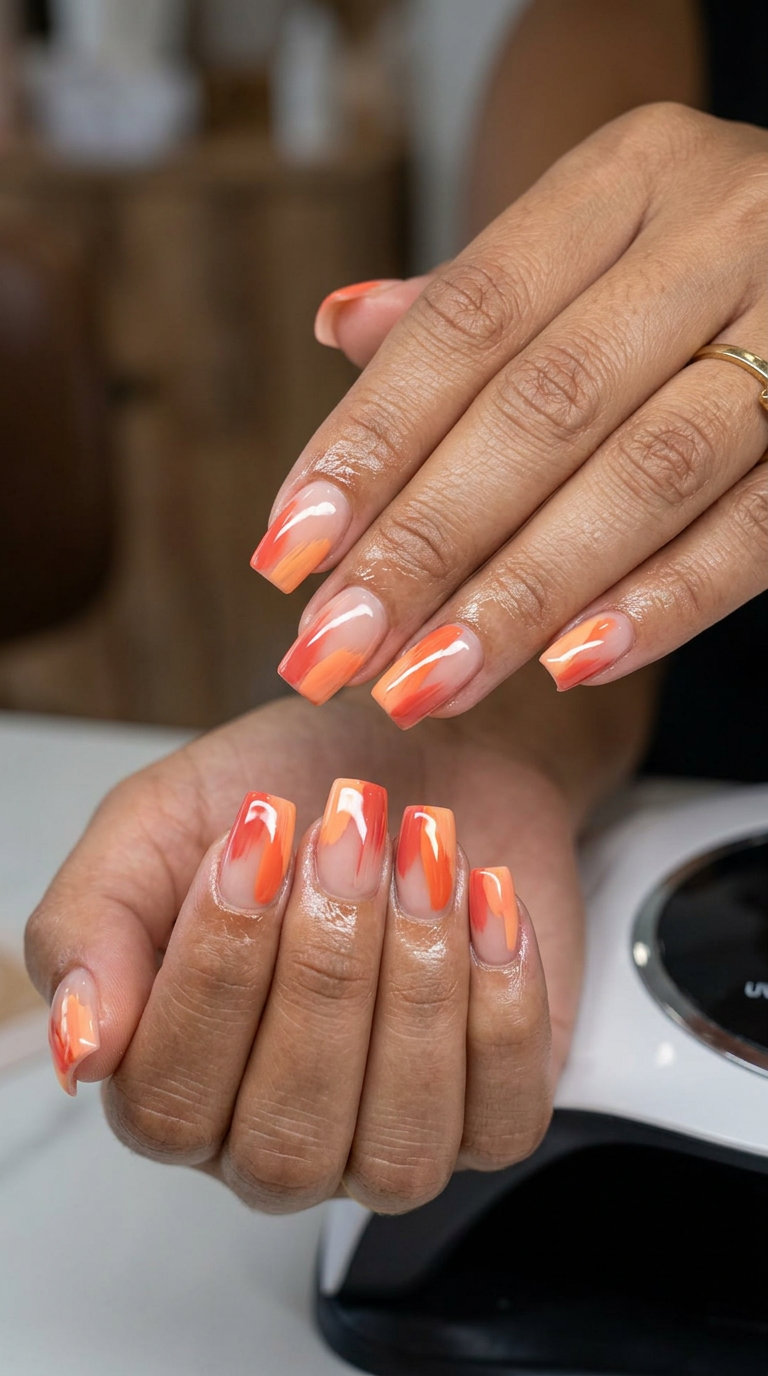 June Nails Ideas 2026: Sunset Brushstrokes June nails ideas: Abstract orange brushstrokes on nude base for summer 2026. Casual, artistic style.