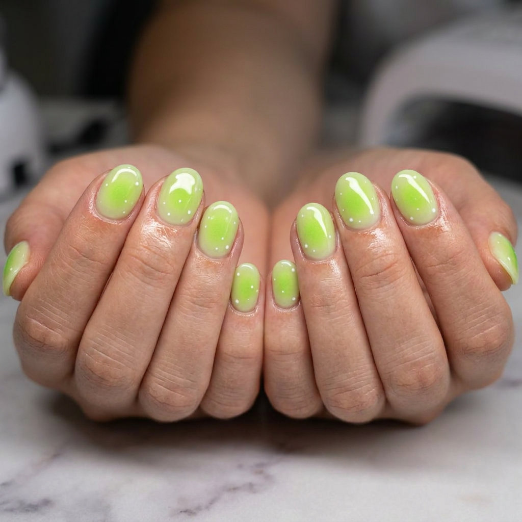 June Nails Ideas: Citrus Aura Dots 2026 Playful citrus aura dots in lime green and white for casual summer 2026 weekends.