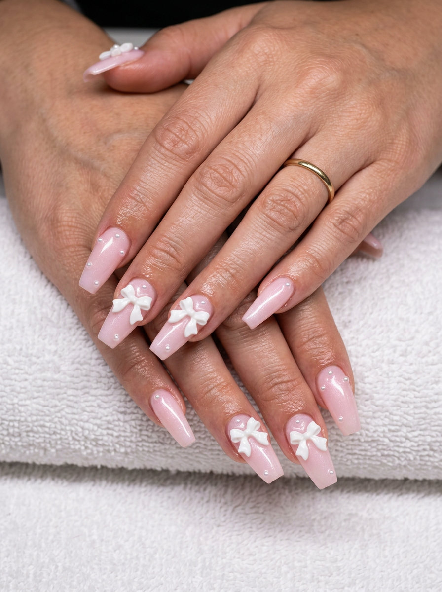 June Nails Ideas 2026: Cottagecore Pearl Bows June nails ideas: Cottagecore 3D pearl bows on soft pink nails for summer 2026. Romantic & whimsical.