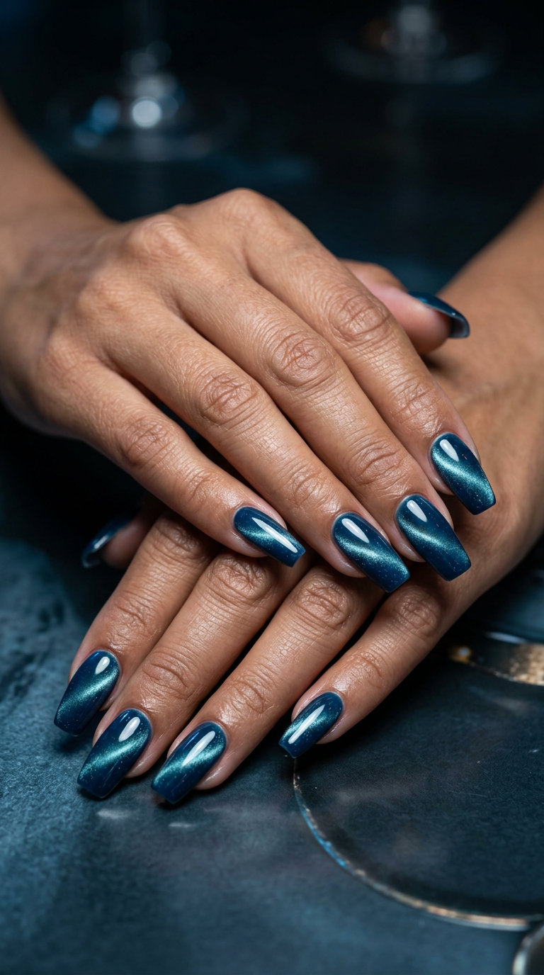 June Nails Ideas 2026: Deep Sea Cat-Eye Flare June nails ideas: Deep sea cat-eye flare nails with teal-silver shift for summer 2026. Mysterious.