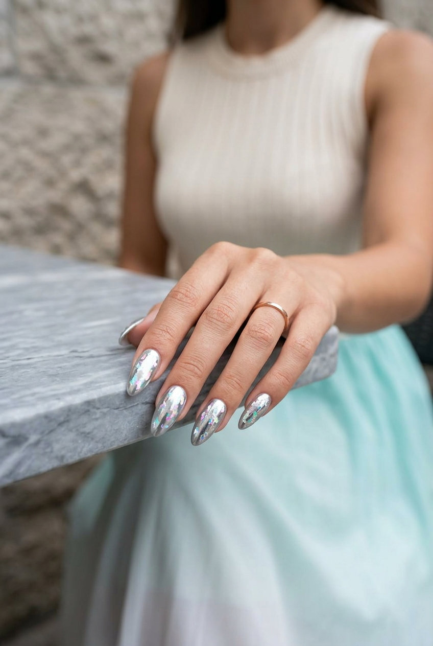 June Nails Ideas: Foil Fragments Almond 2026 Glamorous shimmering foil fragments on almond nails for summer 2026 parties and nights out.
