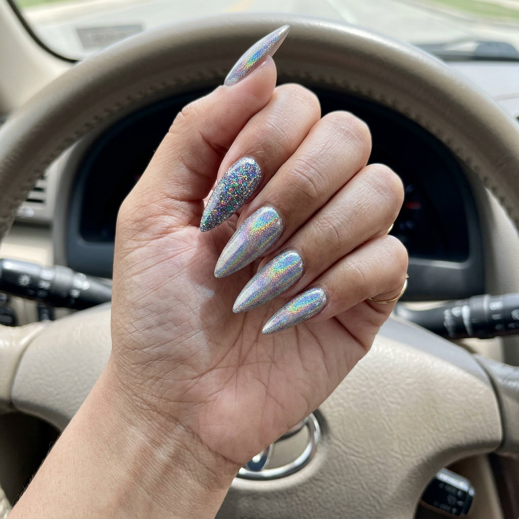June Nails Ideas: Holographic Glitter 2026 Glamorous holographic glitter cosmic sparkle nails for summer 2026 festivals and parties.