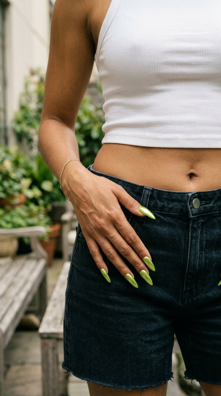 June Nails Ideas 2026: Lime Green Chrome Stiletto June nails ideas: Electric lime green chrome stiletto nails for summer 2026. Edgy & bold.