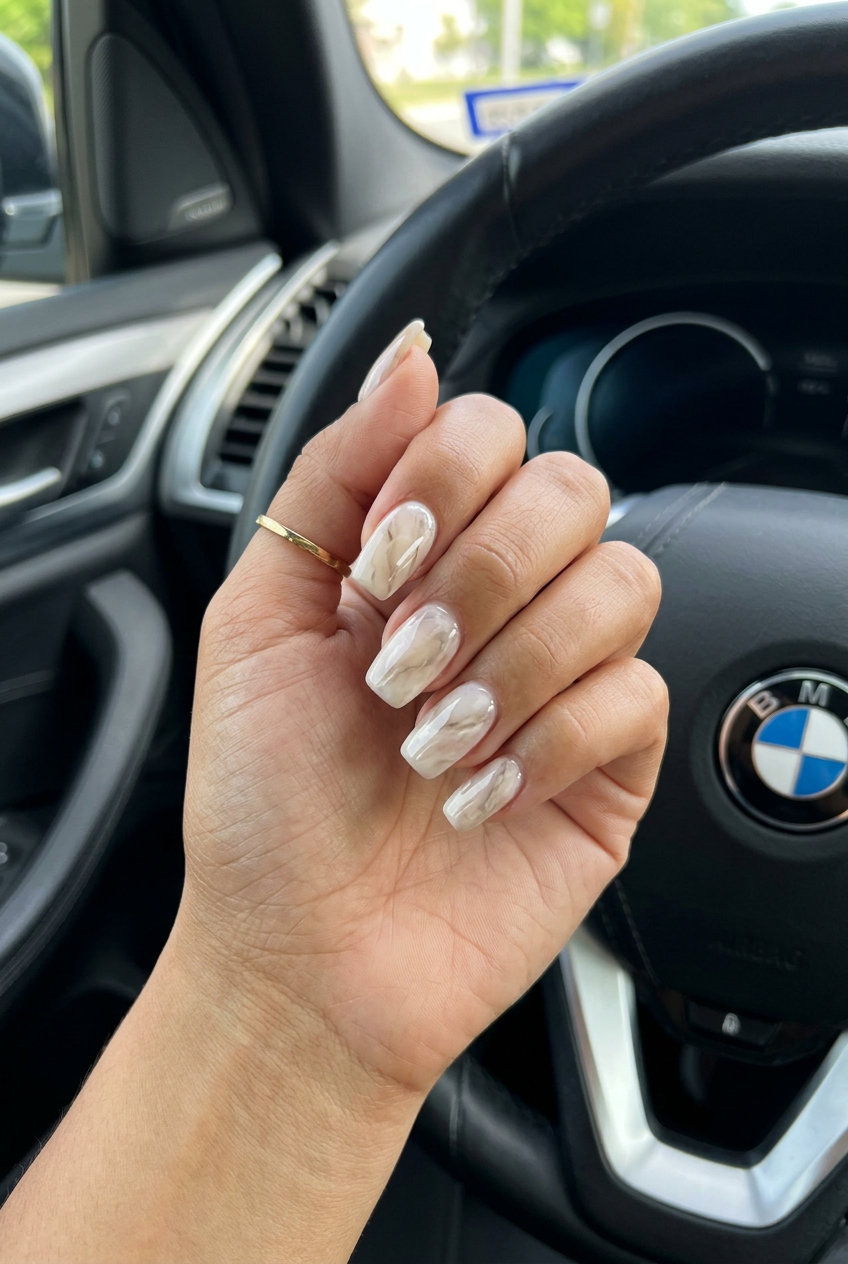 June Nails Ideas: Marble Builder Gel 2026 Sophisticated nude builder gel nails with cream and beige marble veining for summer 2026.