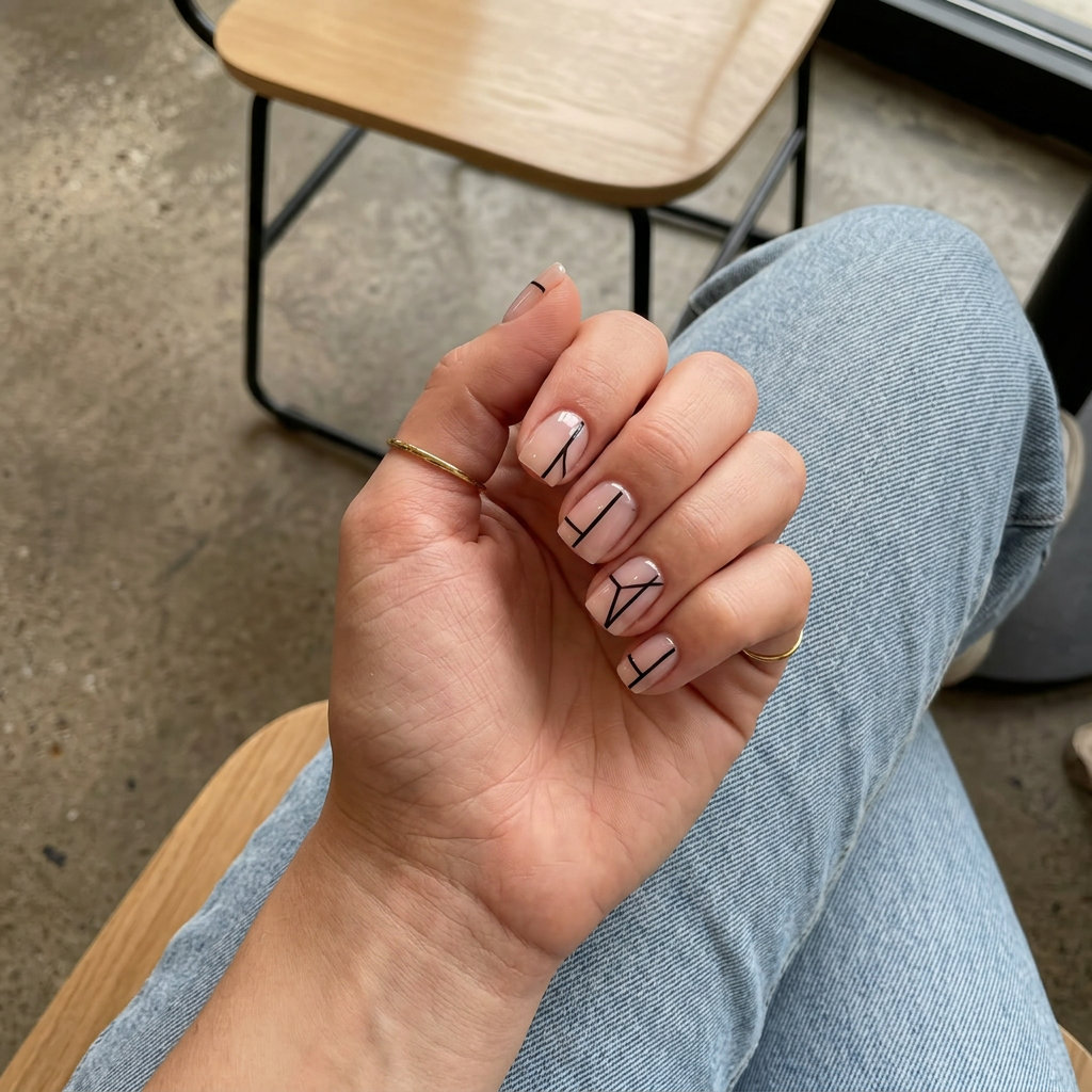 June Nails Ideas: Negative Space Lines 2026 Geometric negative space black line nails on clear base for June nails ideas - best for summer 2026. Minimalist, chic.