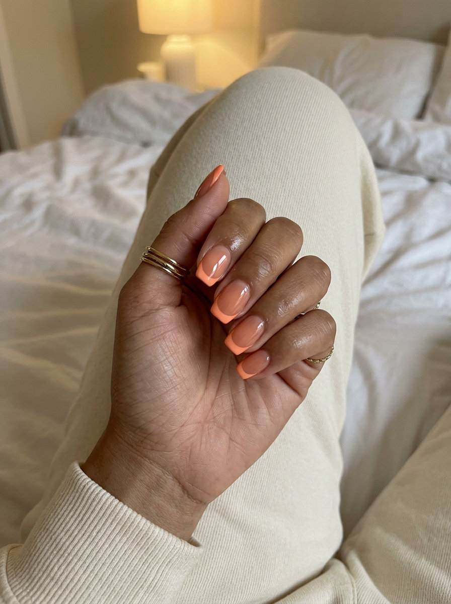 June Nails Ideas 2026: Sweet Peach Jelly French June nails ideas: Sweet peach jelly French tips on almond nails for summer 2026. Playful & vibrant.