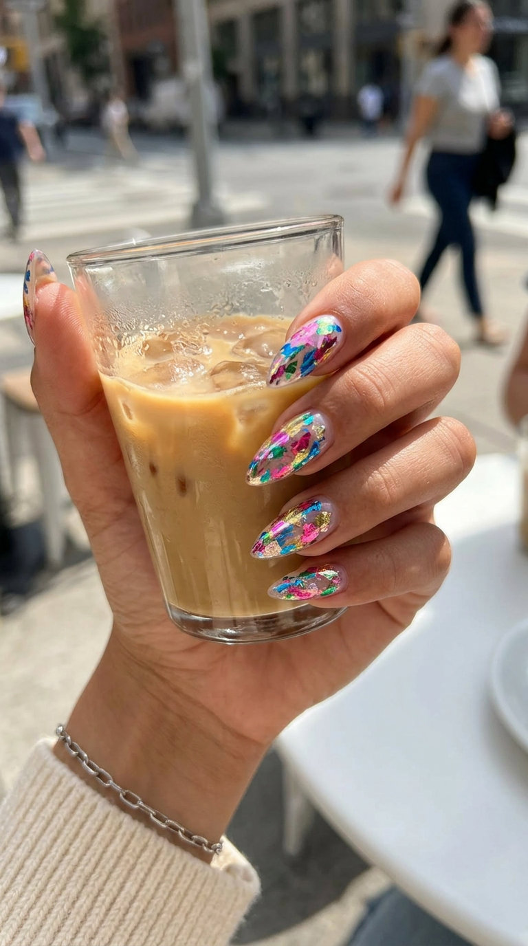 June Nails Ideas: Prismatic Foil Stiletto 2026 Edgy prismatic foil fragments on stiletto nails for summer 2026 festivals and parties.