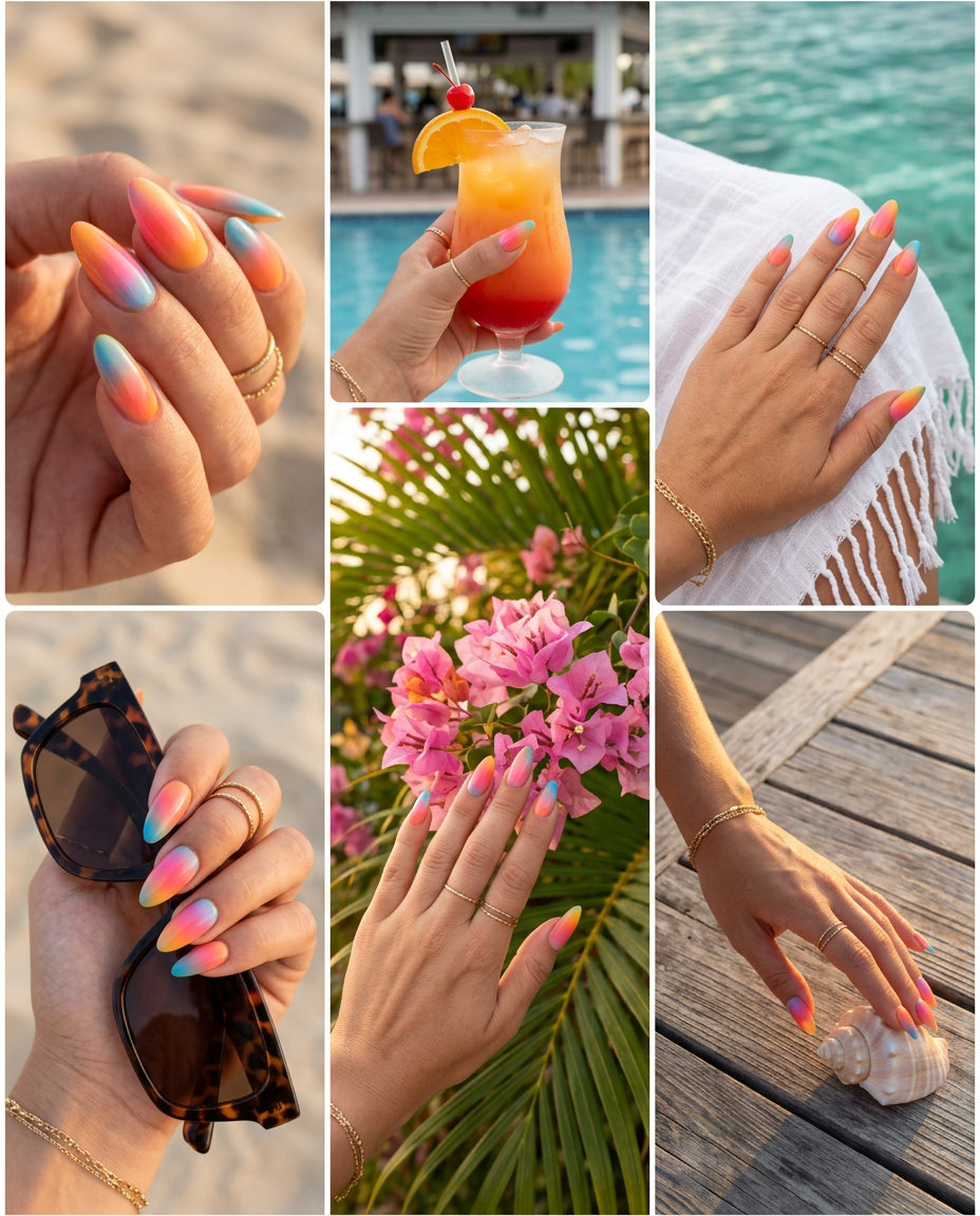 June Nails Ideas: Sunset Ombre 2026 Airbrushed sunset ombre nails in pink, orange, and yellow for June nails ideas - best for summer 2026. Romantic, dreamy.