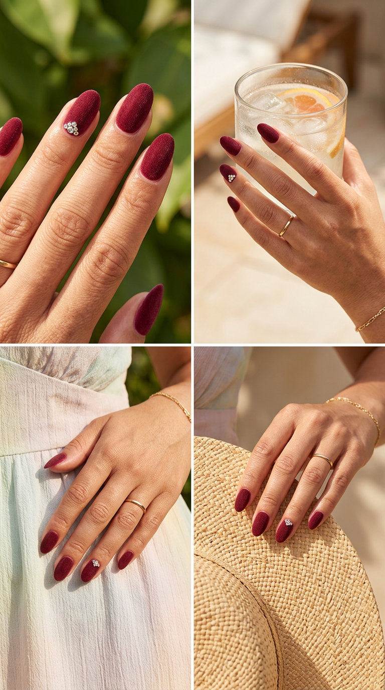 June Nails Ideas: Velvet Nude Rhinestones 2026 Velvet nude nails with rhinestone accents for June nails ideas - best for summer 2026. Formal, elegant, date night.