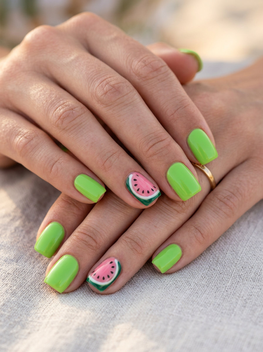 June Nails Ideas 2026: Watermelon Slice Accent June nails ideas: Watermelon slice accent nail on green base for summer 2026. Fun & vibrant.