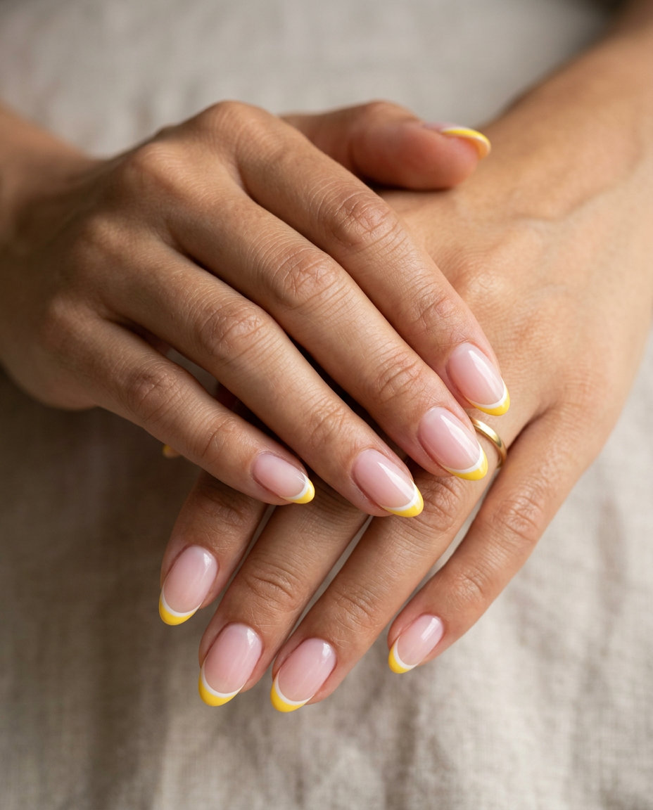 June Nails Ideas: Yellow French Tips 2026 Sunny yellow French tip nails with sheer pink base for June nails ideas - best for summer 2026. Casual, bright style.