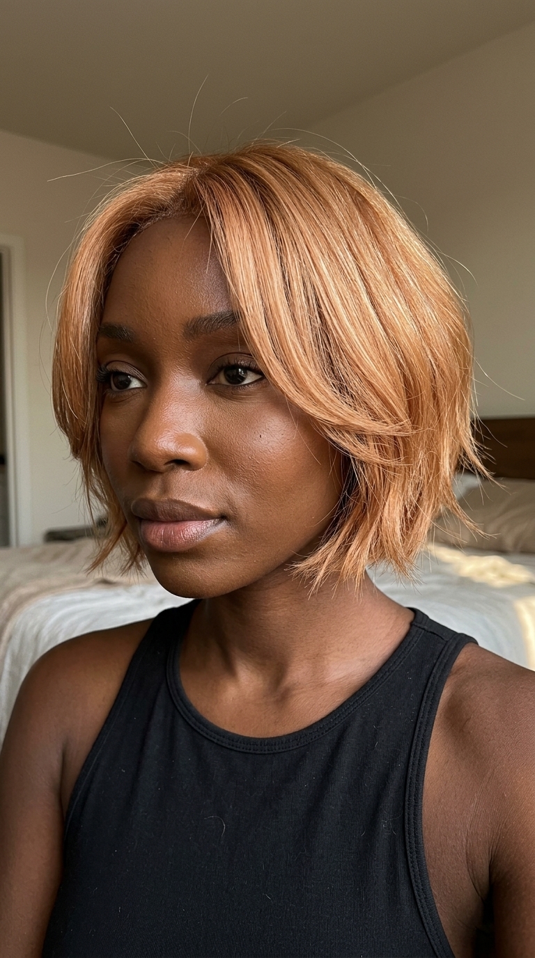 Strawberry Copper Bob 2026 short choppy bob haircut with light copper color, soft layering, face-framing pieces — romantic getaway