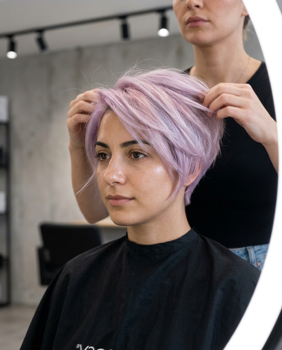 short pastel lilac pixie haircut with razored layers and side-swept fringe for summer