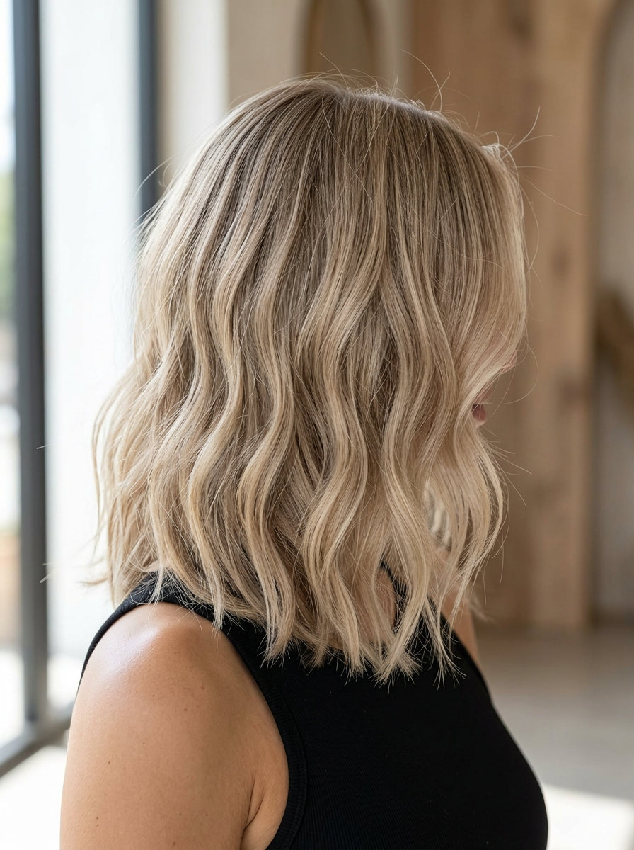 long linen blonde all-over with neutral beige tone, subtle root smudge — minimalist, sophisticated