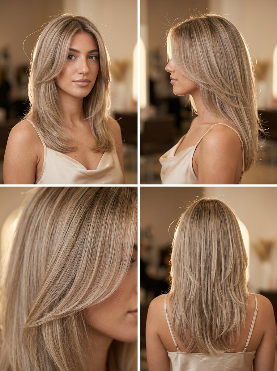 long butterfly haircut in linen blonde with ash beige tones and root smudge for summer