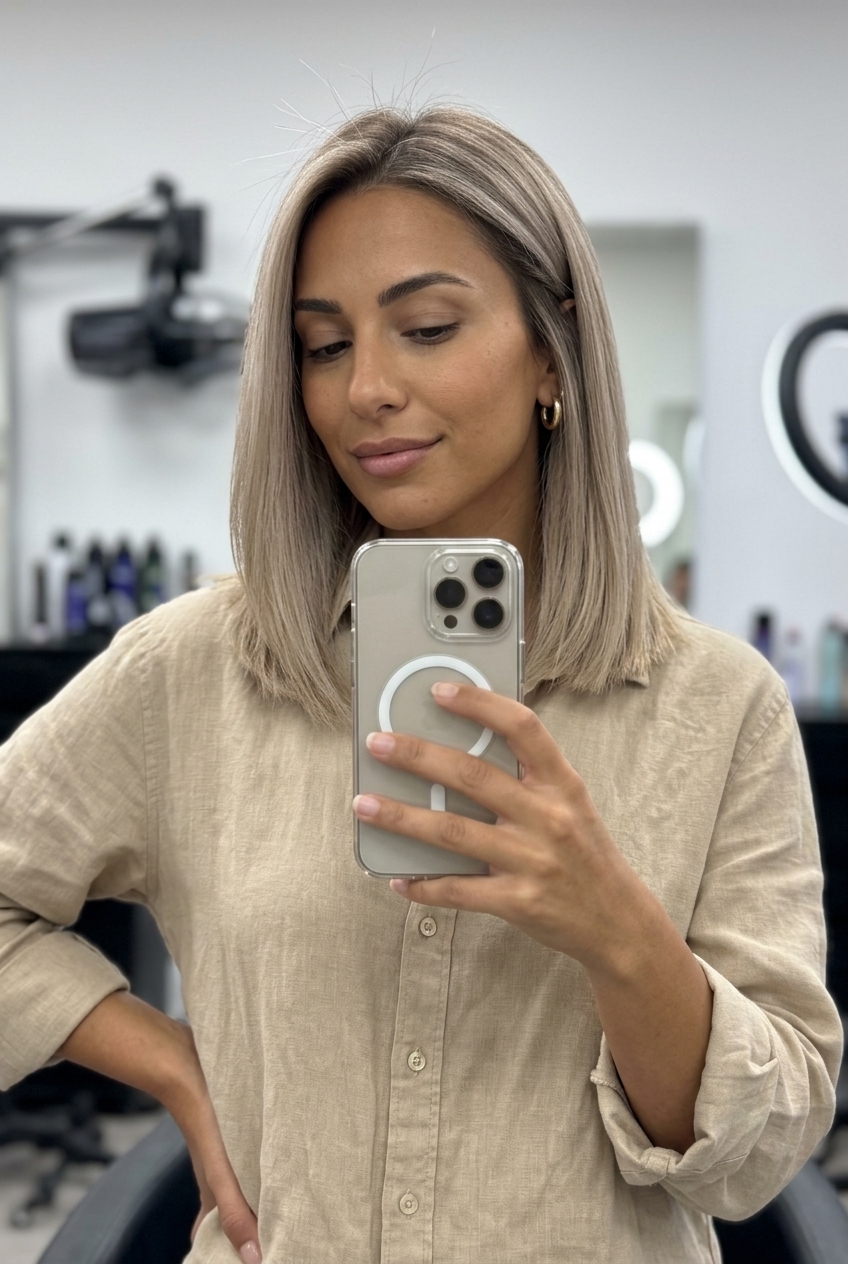 Minimalist Linen Blonde Midi Haircut medium linen blonde haircut with ash brown root smudge and pearl highlights, blunt perimeter for chic events