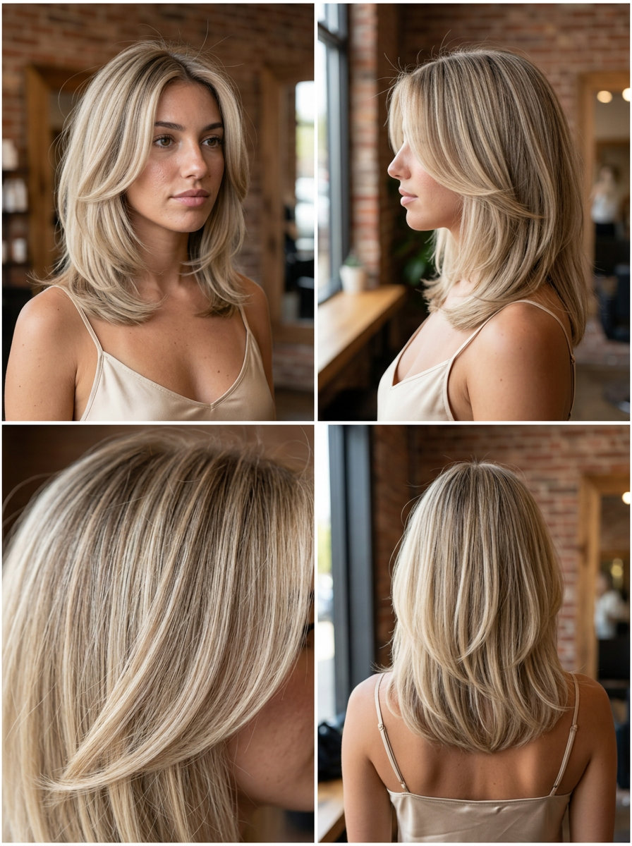Fresh Summer Haircut 2026: '90s Curve Cut medium haircut with linen blonde color, soft root smudge, C-shaped graduated layers — playful, voluminous