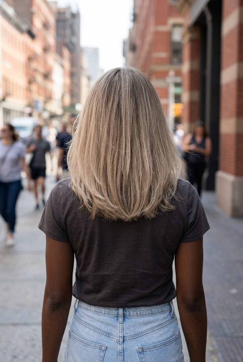K-Beauty Ghost Layer Midi Haircut medium linen blonde haircut with ash root smudge and pearl highlights, ghost layers for airy texture at brunch