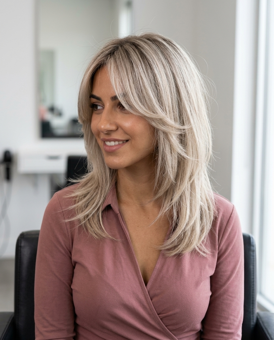 Golden Hour Butterfly Midi Haircut 2026 medium layered cool linen blonde haircut with ash root shadow, curtain bangs — romantic, flirtatious
