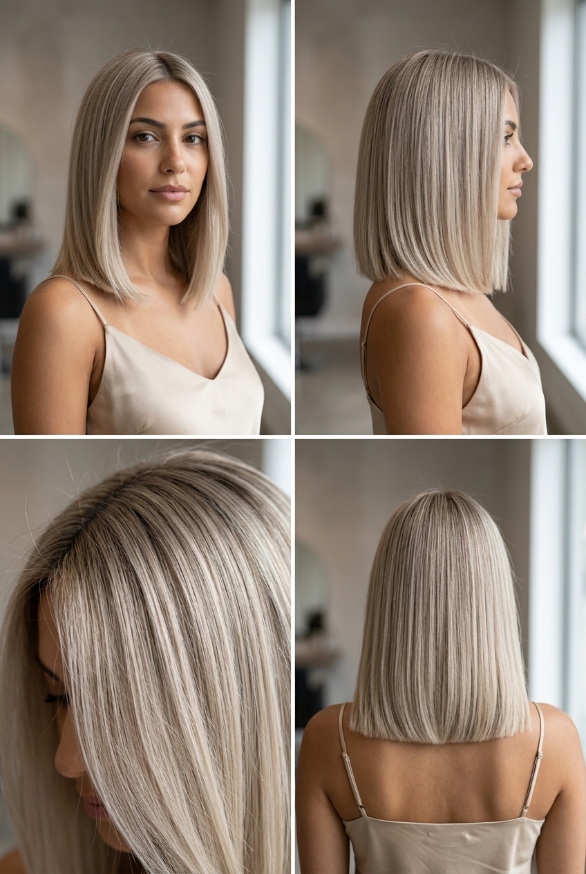 medium blunt lob haircut in neutral linen blonde with soft shadow root, clean perimeter — sophisticated professional look