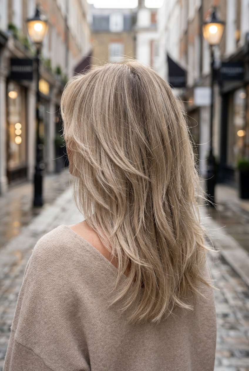 medium shag haircut in linen blonde with mushroom root smudge, face-framing layers, and wispy curtain bangs for relaxed style