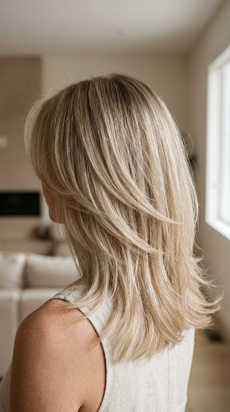 mid-length butterfly haircut in neutral linen blonde, subtle ghost layers, no fringe — soft
