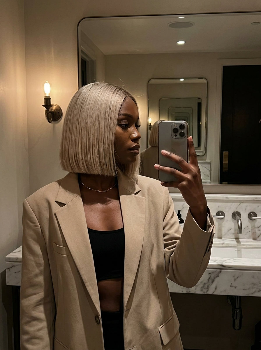 short linen blonde blunt cut with taupe root shadow for summer