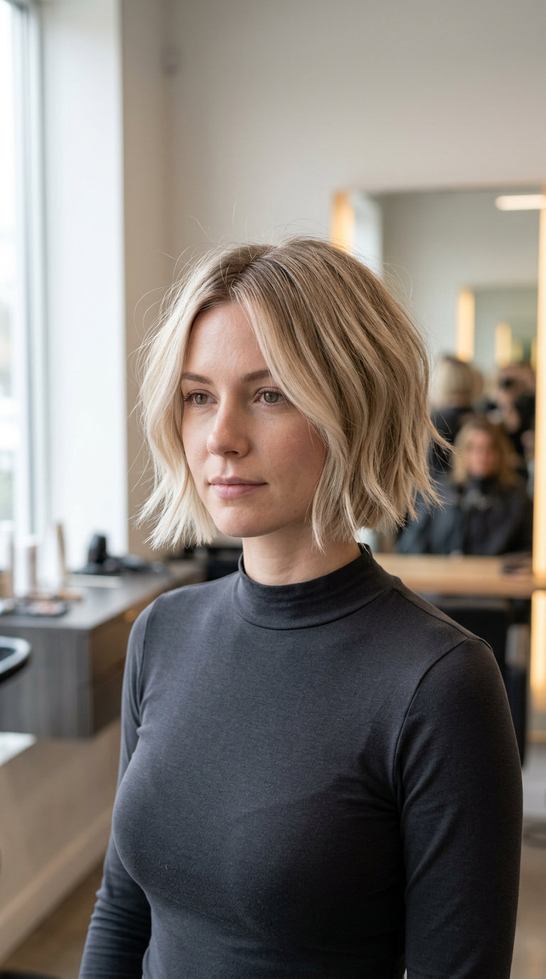 Linen Blonde Choppy Bob 2026 short choppy bob haircut with linen blonde color, internal layering, no bangs — effortless weekend