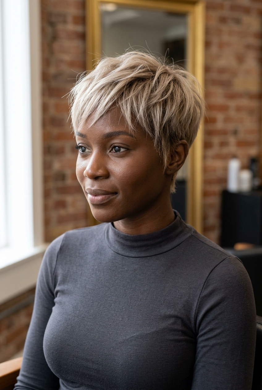 short pixie haircut with linen blonde, tapered sides, swept-forward fringe — playful