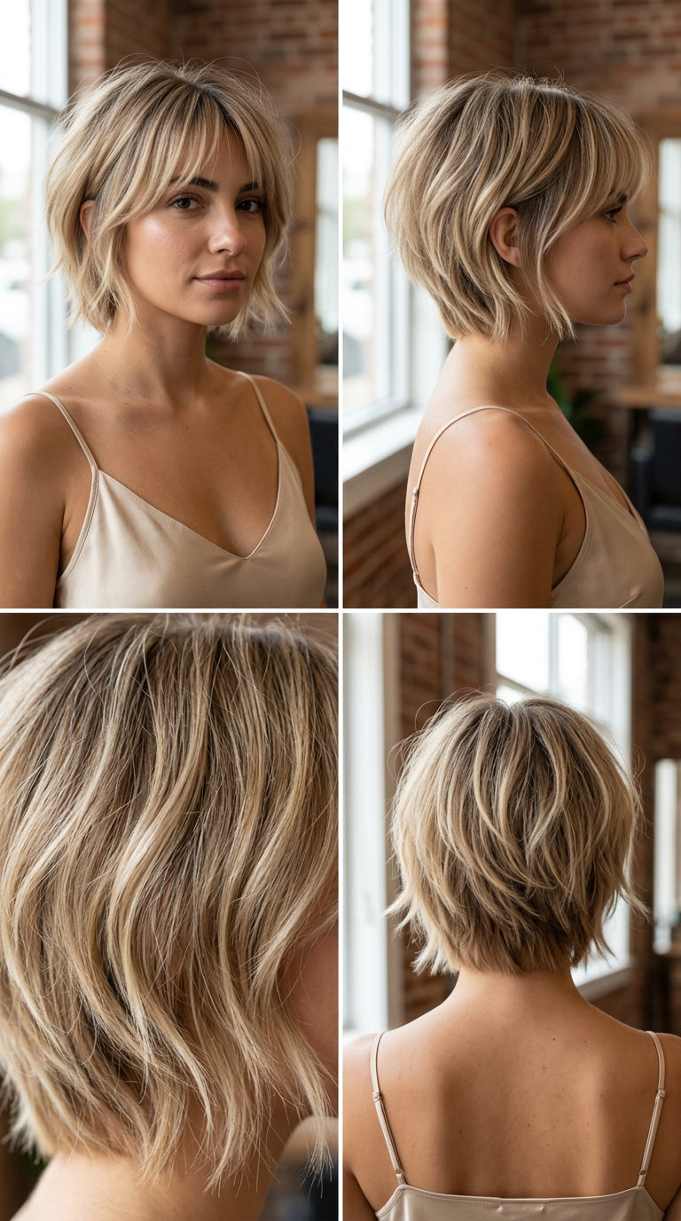 short shag haircut with linen blonde and golden beige balayage, curtain bangs — effortless