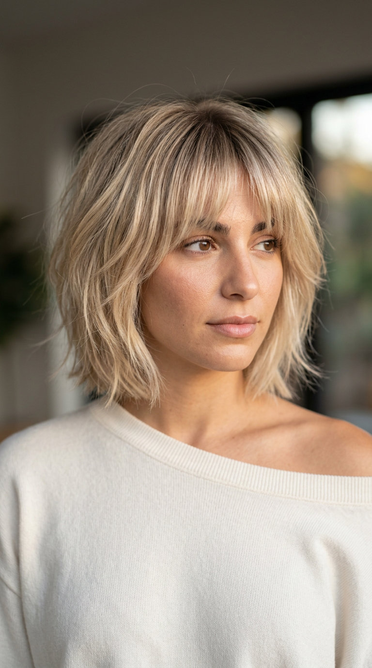 short linen blonde shag haircut with taupe root smudge for summer