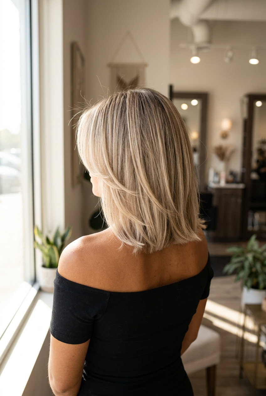 shoulder-length butterfly haircut in linen blonde with babylights and root smudge for summer