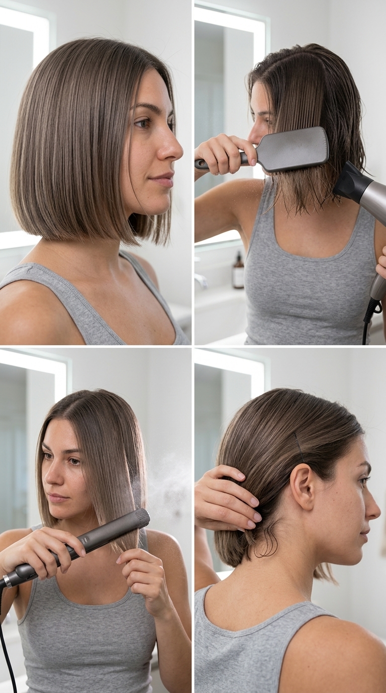 chin-length cool linen brown bob haircut with ash undertones, blunt cut for summer