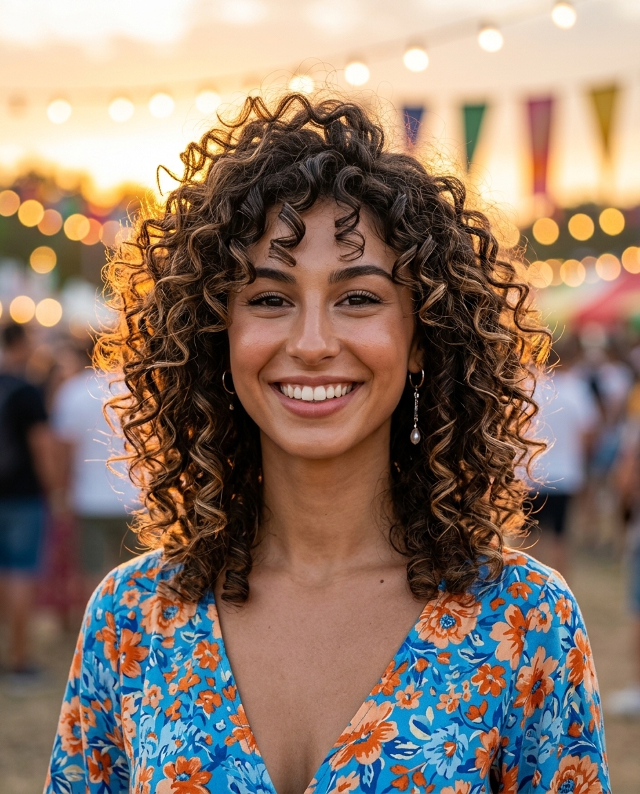 short layered curly haircut with linen brown color, babylights, and volume for summer