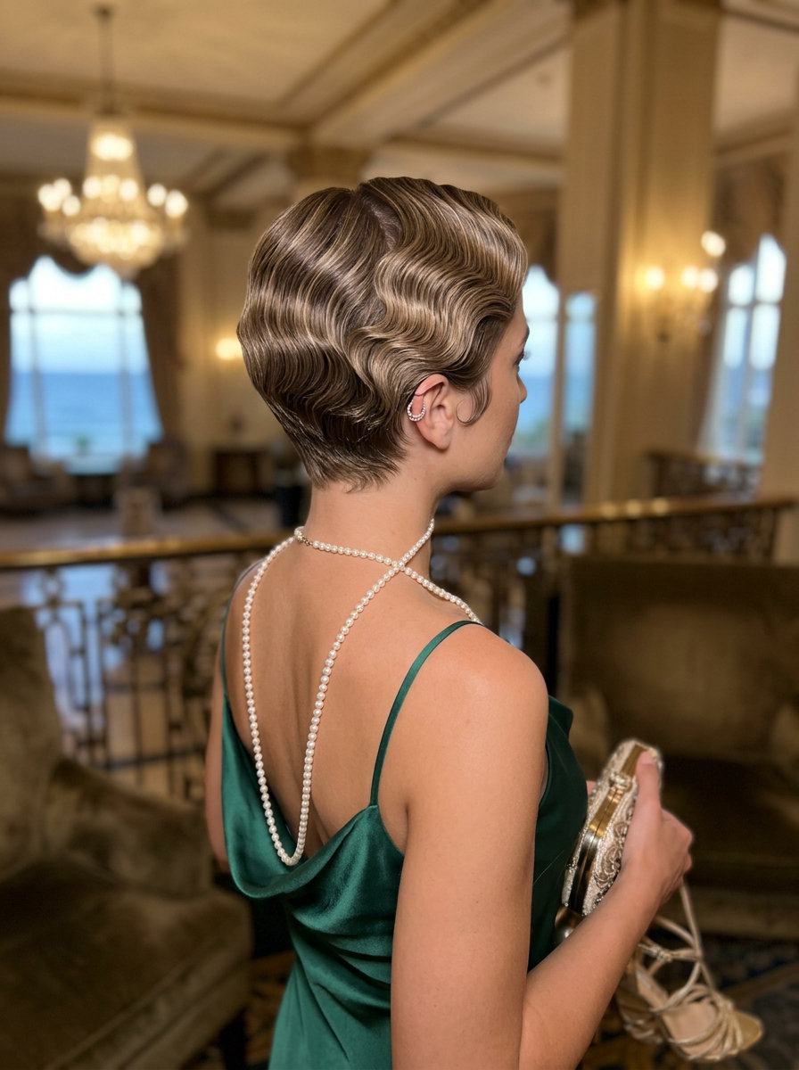 short linen brown pixie haircut with defined finger waves and side part for formal events