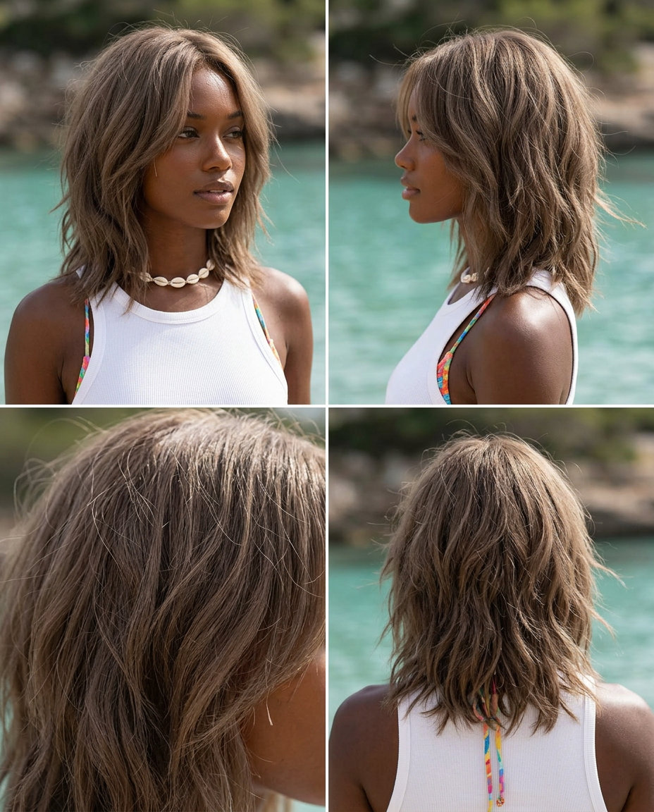 short tousled haircut with linen brown color, textured spray, and effortless mood for summer