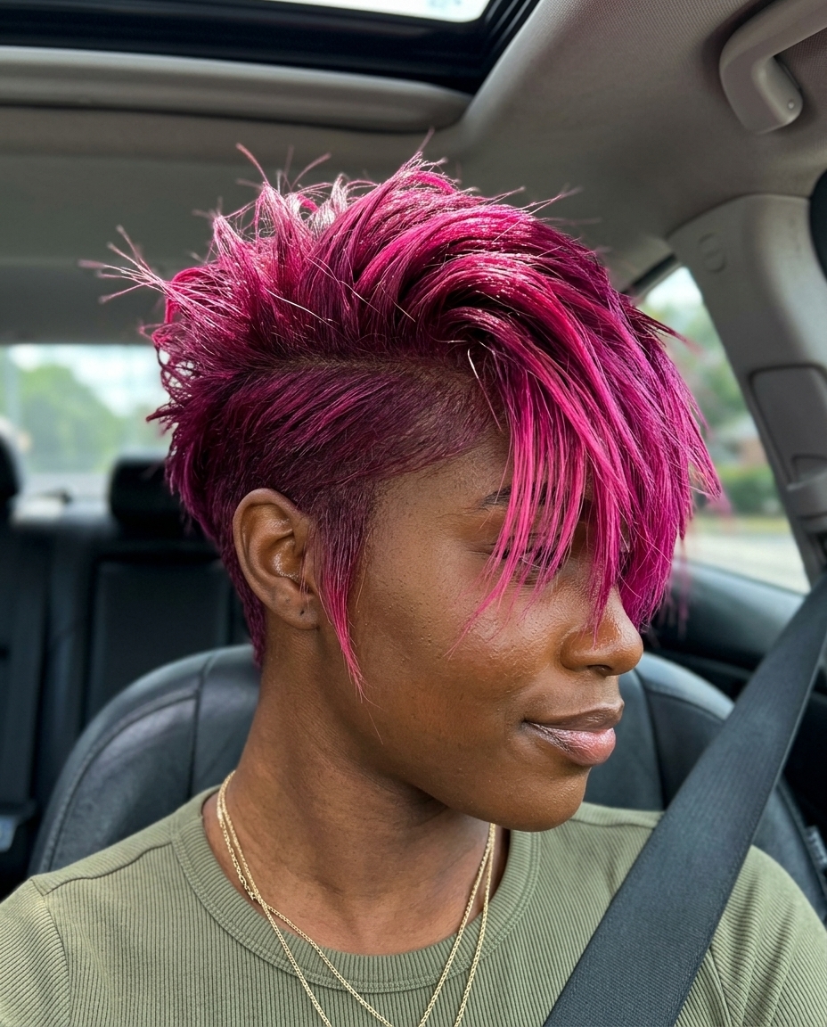medium magenta hair with electric pink undertones and shaved undercut
