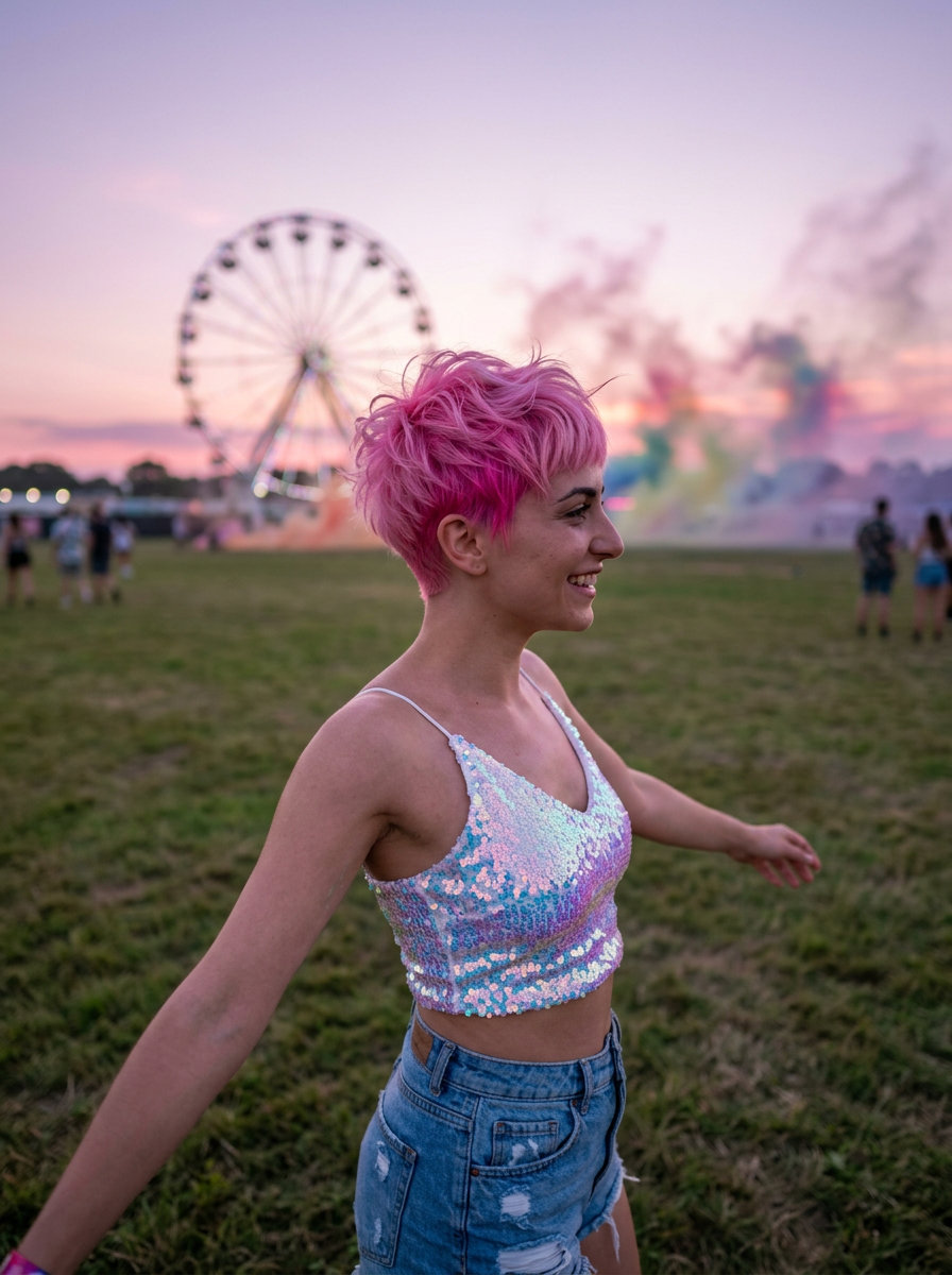 very short pixie haircut in electric magenta fading to pastel pink, tousled texture, micro-fringe — playful summer